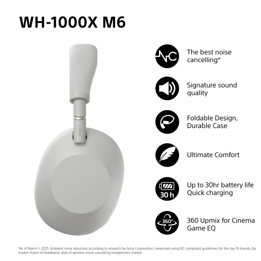 Sony WH-1000XM6 trådløse støjreducerende hovedtelefoner, Sølv