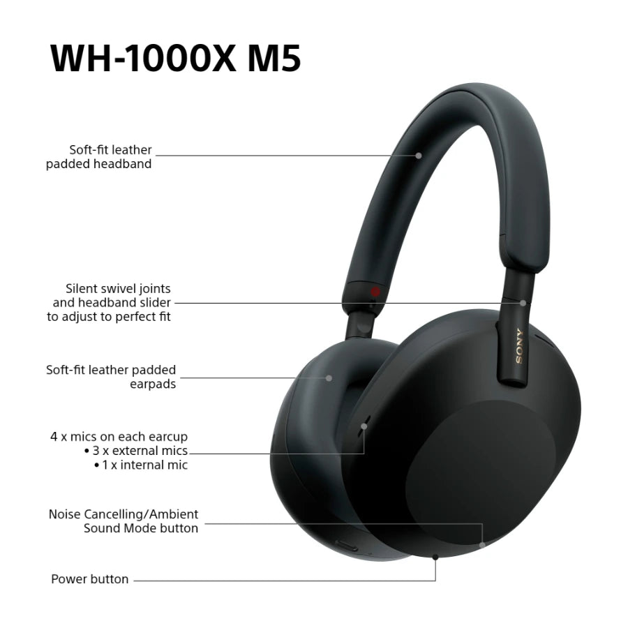 Sony WH-1000XM5 trådløse støjreducerende hovedtelefoner, Sort