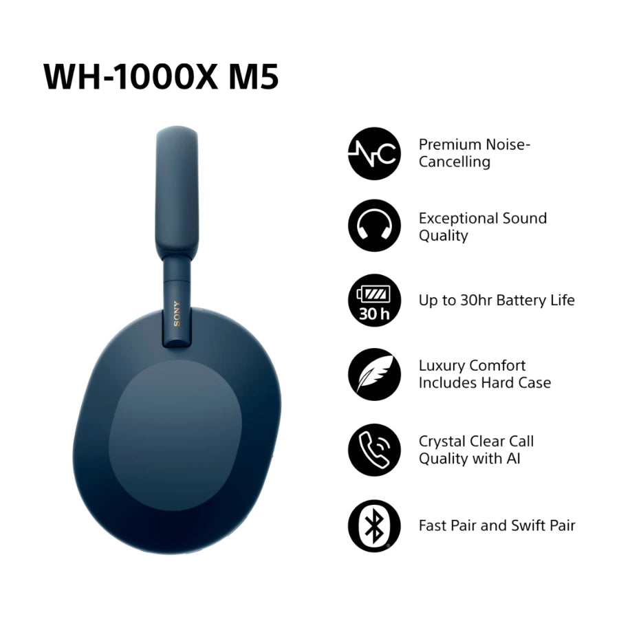 Sony WH-1000XM5 trådløse støjreducerende hovedtelefoner, Blå