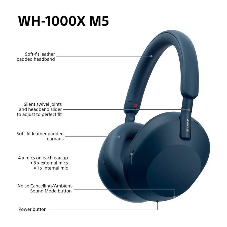 Sony WH-1000XM5 trådløse støjreducerende hovedtelefoner, Blå