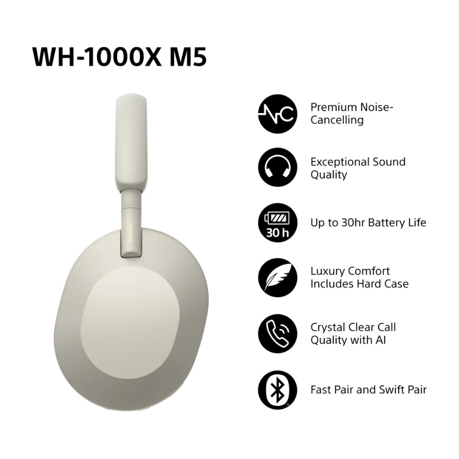 Sony WH-1000XM5 trådløse støjreducerende hovedtelefoner, Sølv