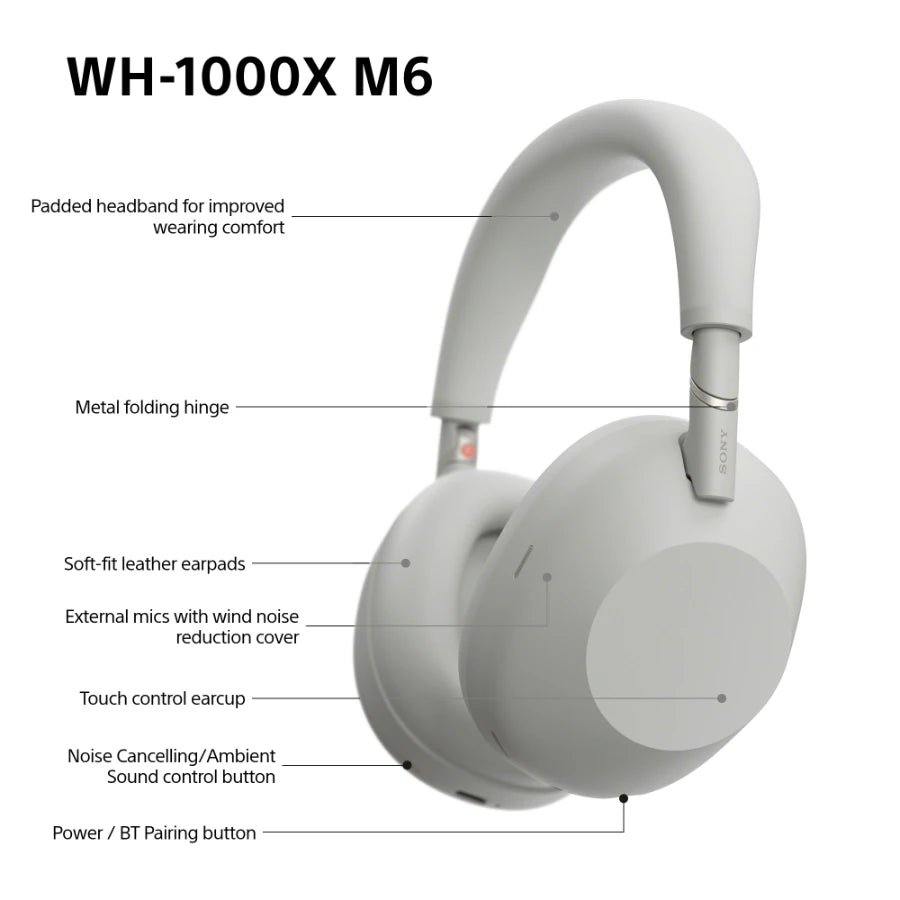 Sony WH-1000XM6 trådløse støjreducerende hovedtelefoner, Sølv